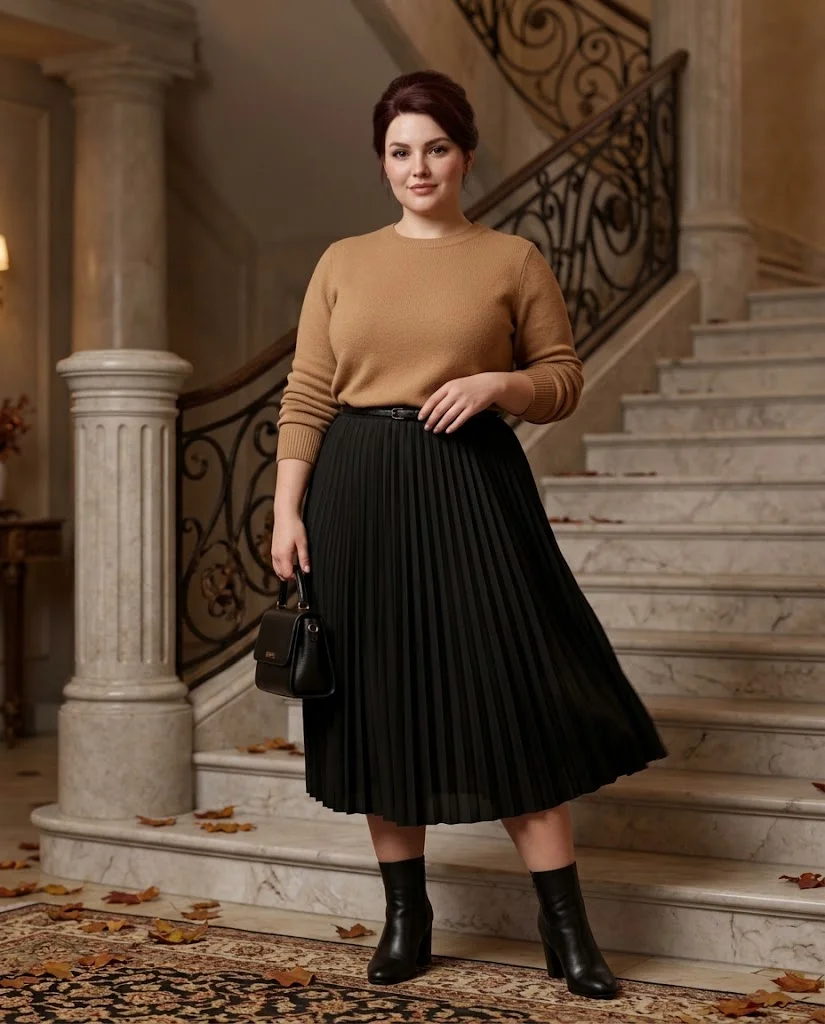 Camel Sweater With a Black Pleated Midi Skirt Plus Size Fall Date Night Outfit