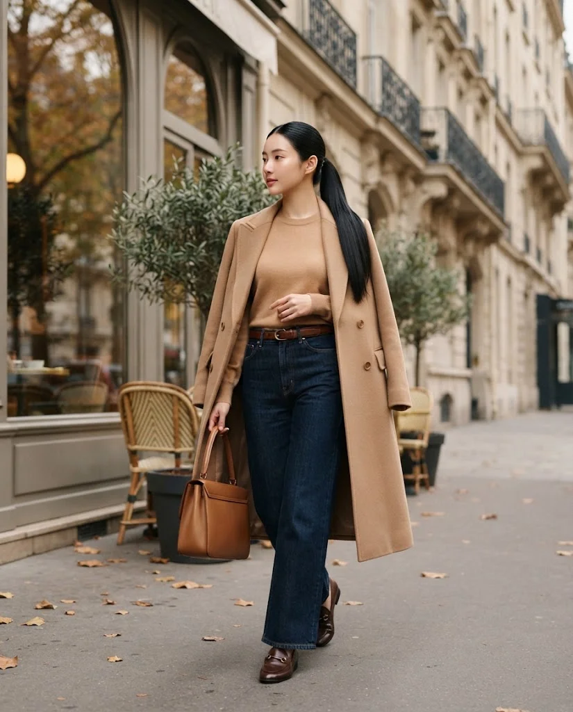 Camel Sweater with Dark Wide-Leg Jeans, an elegant old money fall brunch outfit for women