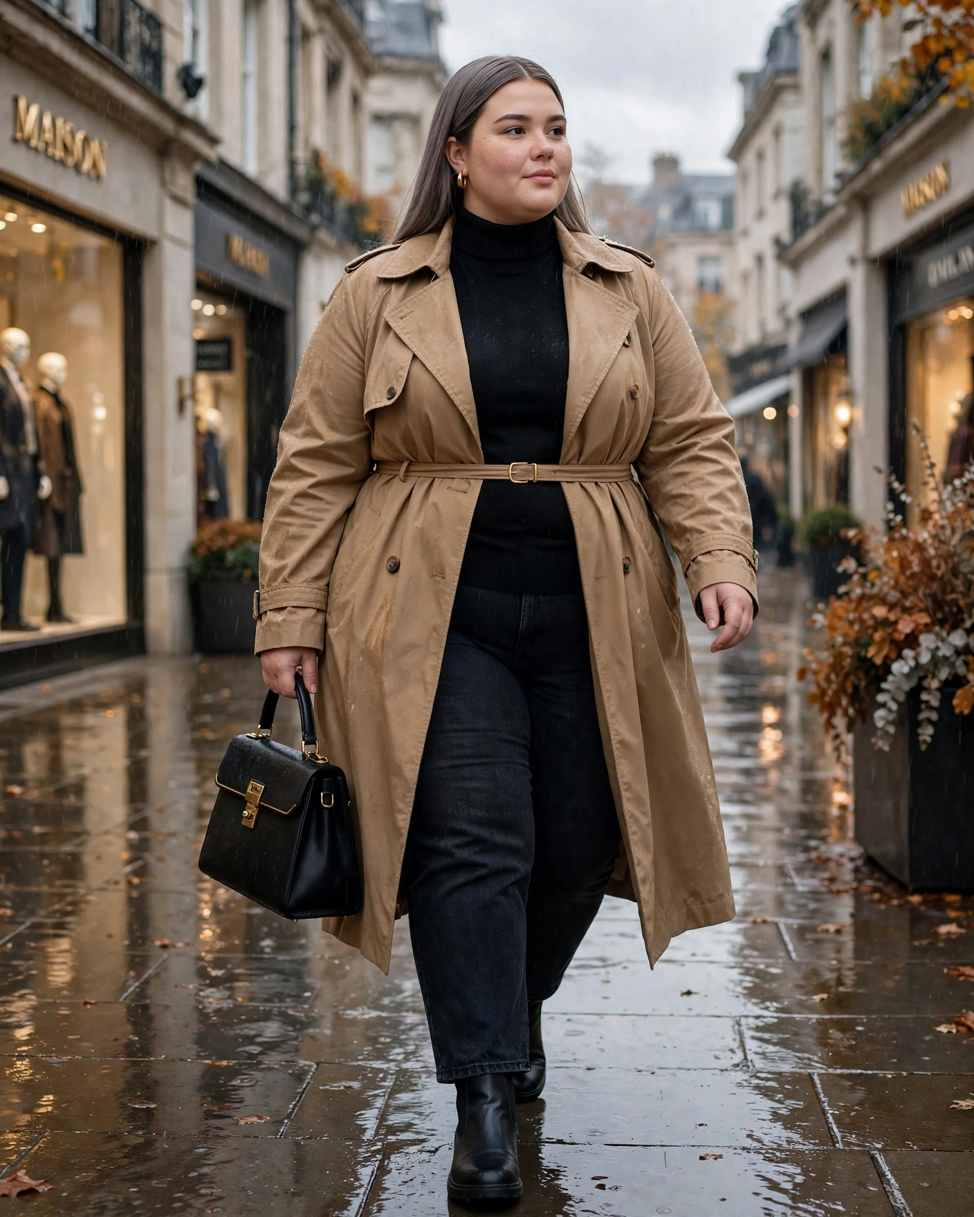 Camel Trench With a Black Turtleneck and Straight Jeans Plus Size Rainy Fall Outfit
