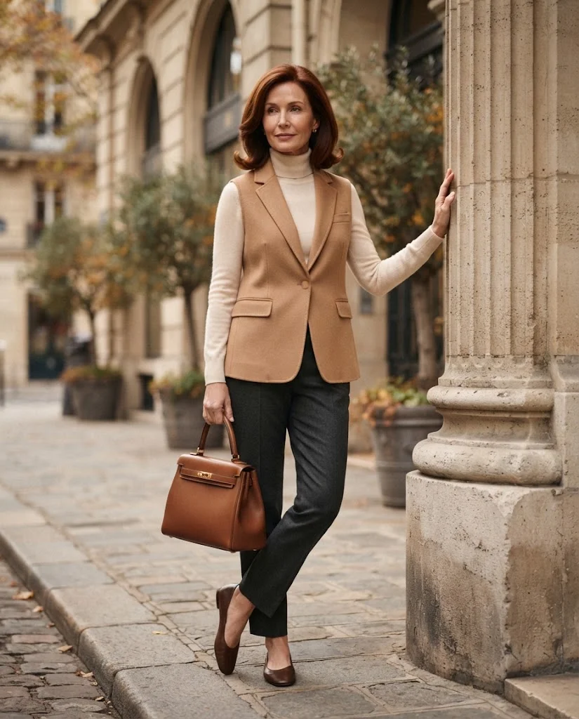 women wearing  Camel Vest Over a Cream Turtleneck
