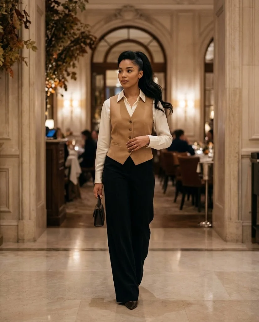 Camel Waistcoat with Black Wide-Leg Trousers, an elegant old money fall dinner outfit for women
