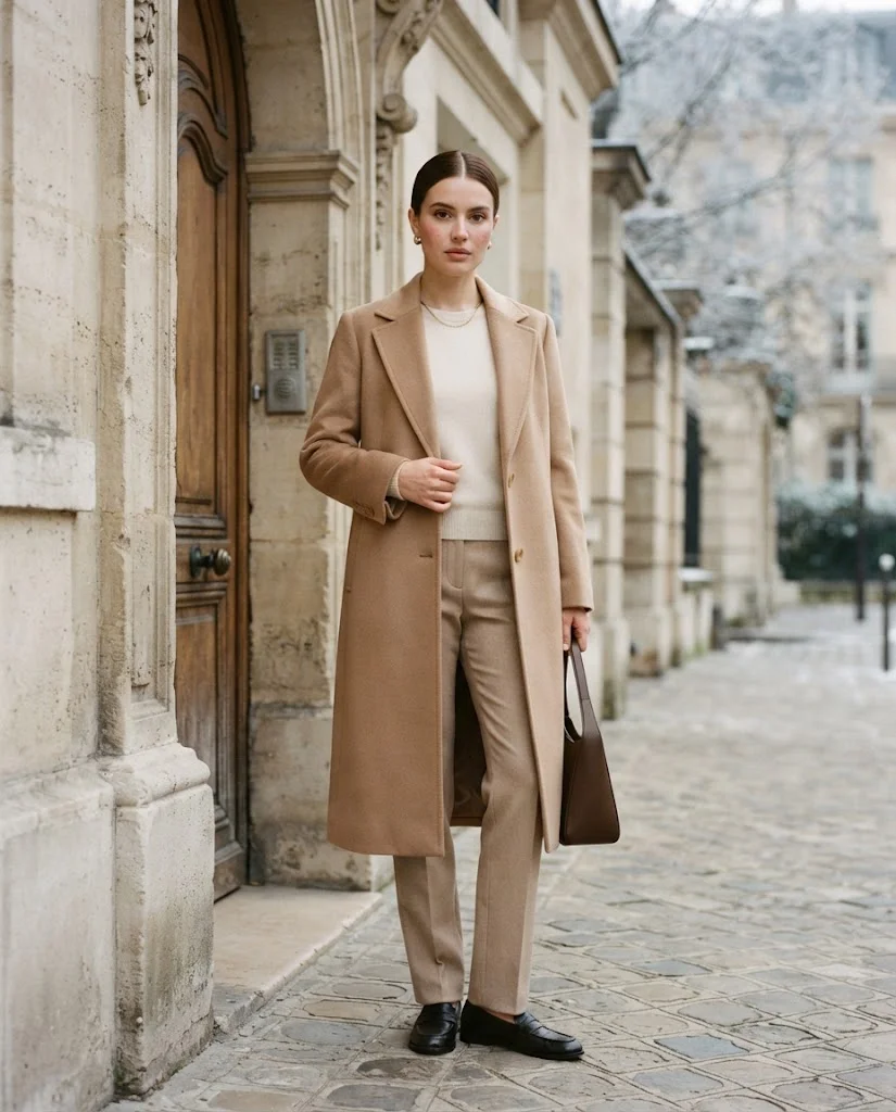 women wearing women wearing Camel Wool Coat With Cream Knit and Tailored Trousers