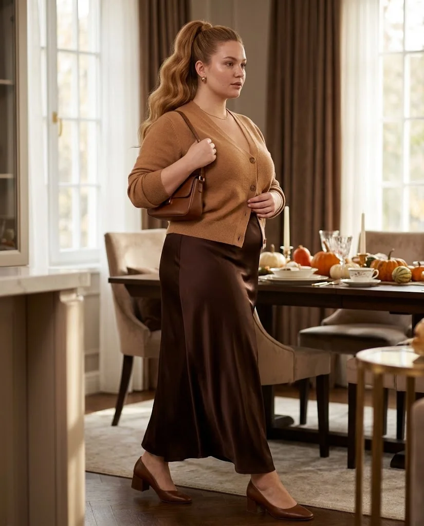 Caramel Cardigan With a Satin Maxi Skirt Plus Size Thanksgiving Outfit