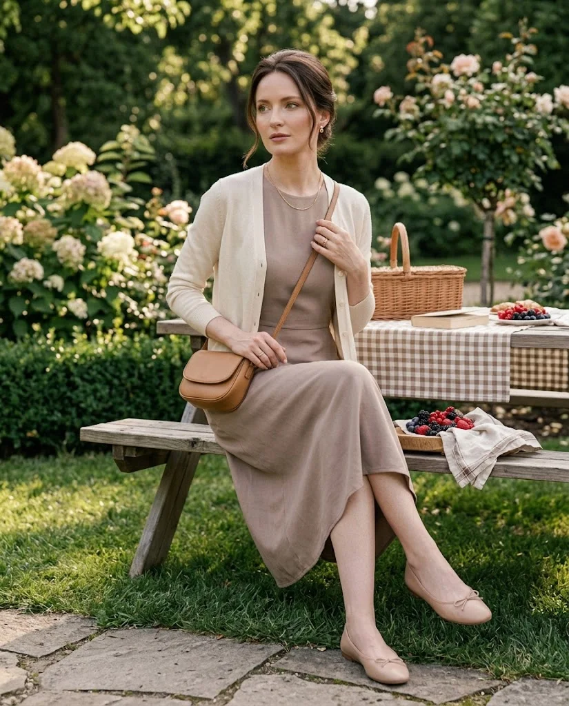 women wearing Cardigan Over a Simple Midi Dress