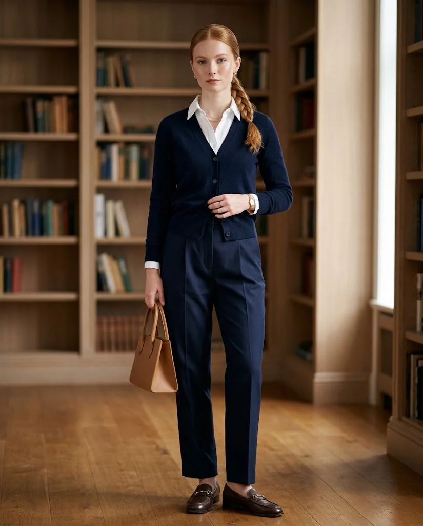 women wearing Cardigan Over a White Collared Shirt