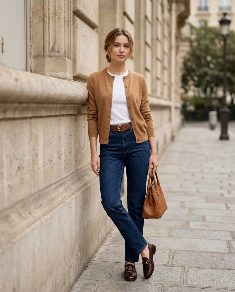 women wearing Cardigan With Straight-Leg Jeans
