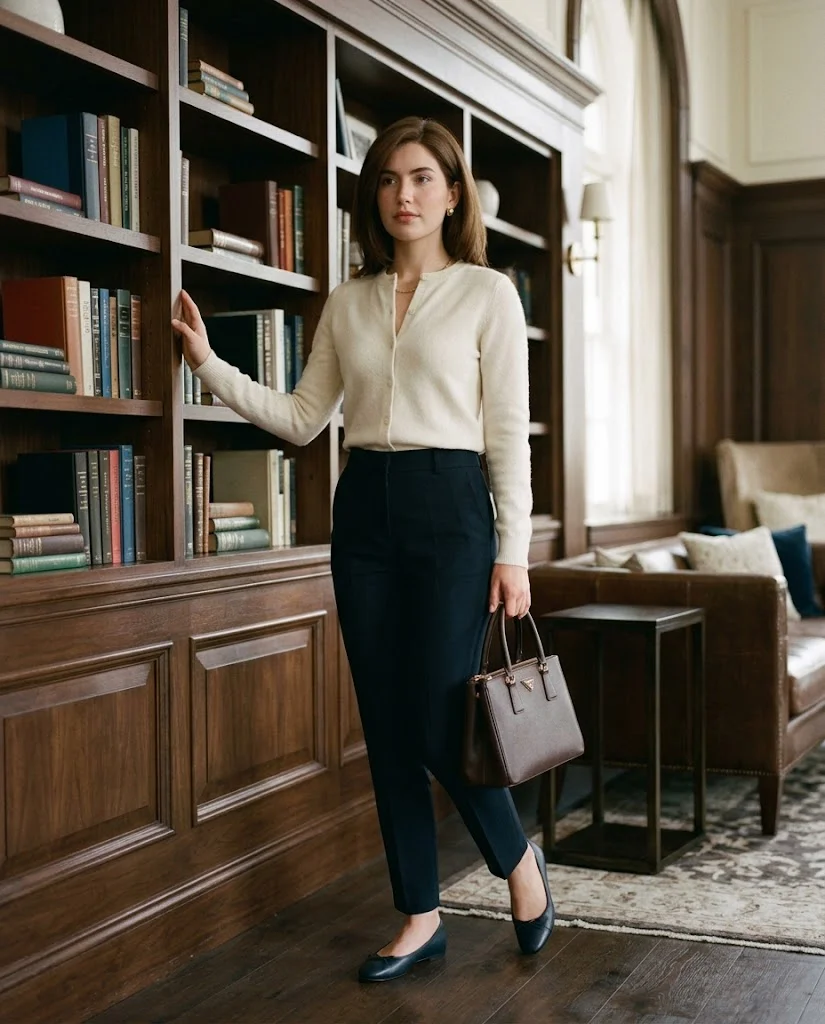 women wearing Cardigan With Tailored Pants