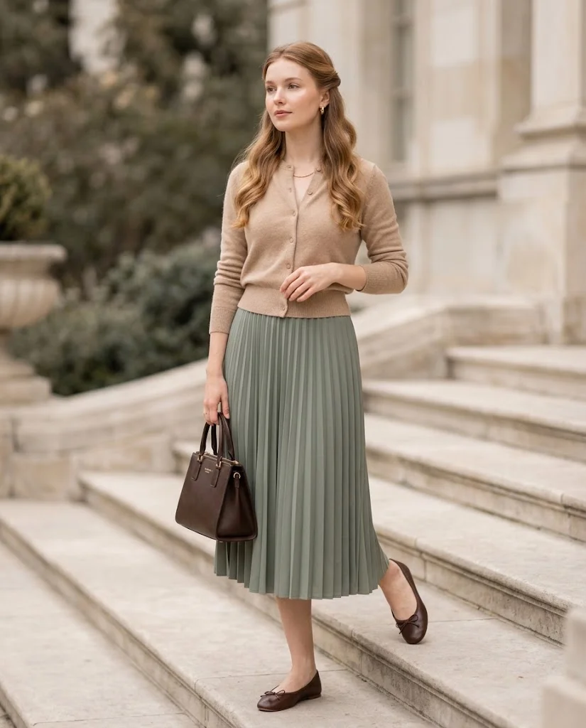 women wearing Cardigan With a Pleated Skirt