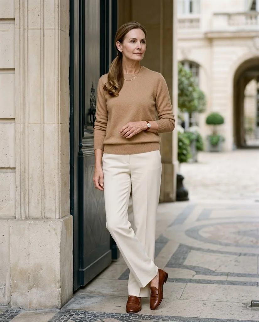 women wearing Cashmere-Style Crewneck With Cream Trousers