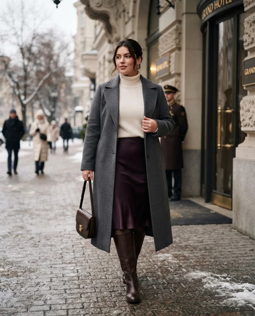 Plus Size Winter Outfits for Women: 15 Warm and Stylish Ideas 13 Cashmere-Style Sweater With Satin Midi Skirt and Tall Boots, a dressy plus size winter outfit