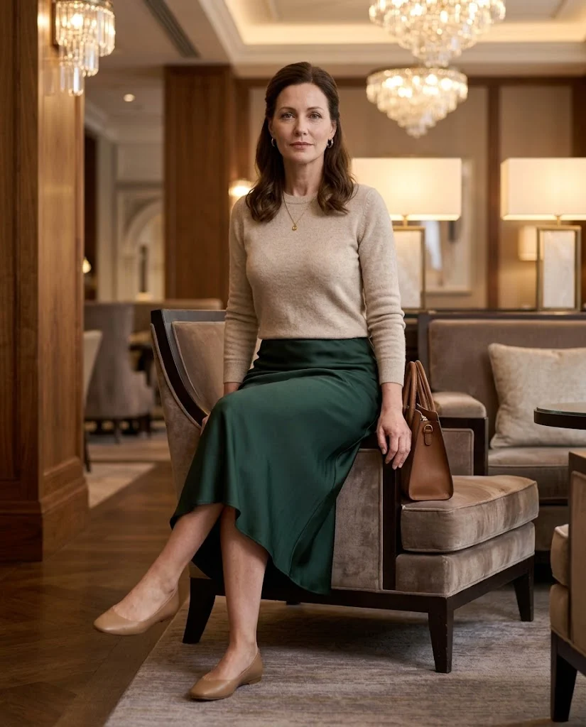 women wearing Cashmere-Style Sweater With a Satin Midi Skirt