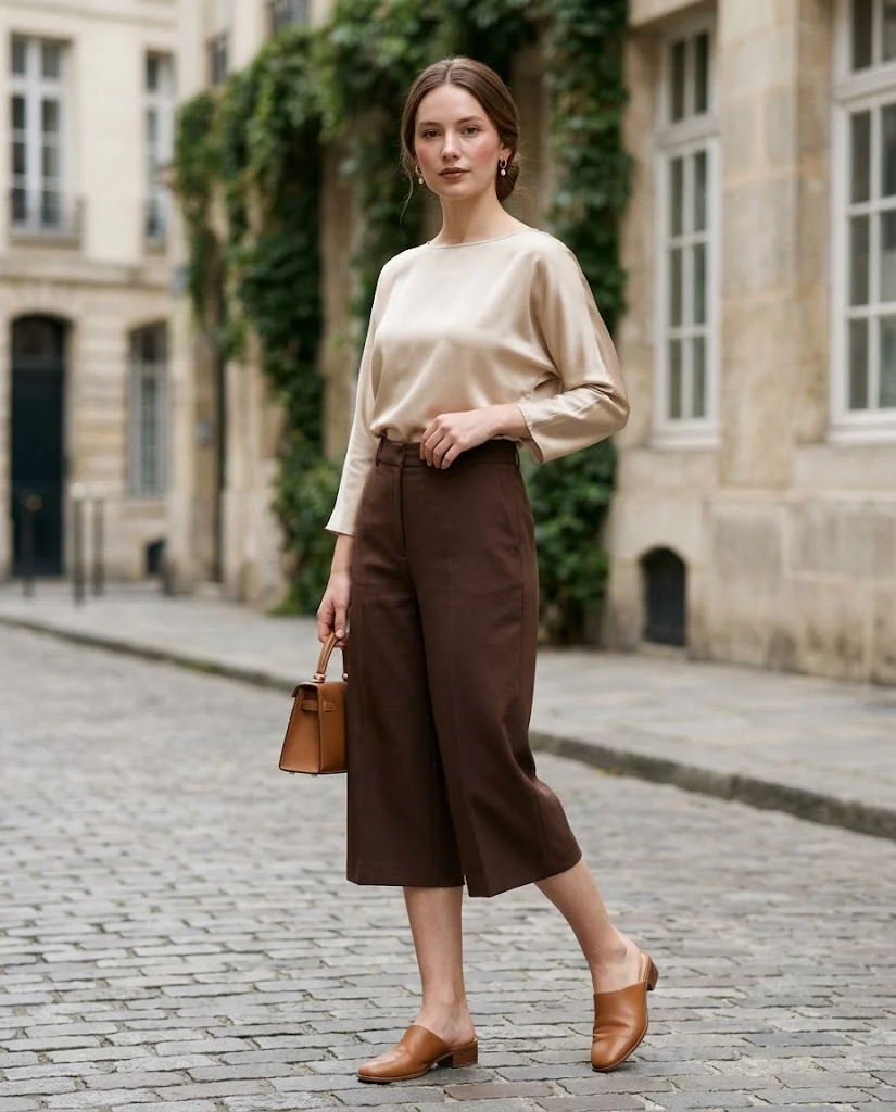 Elegant Old Money Outfits for Women: 20+ Timeless Ideas 2 women wearing Champagne Blouse With Chocolate Culottes