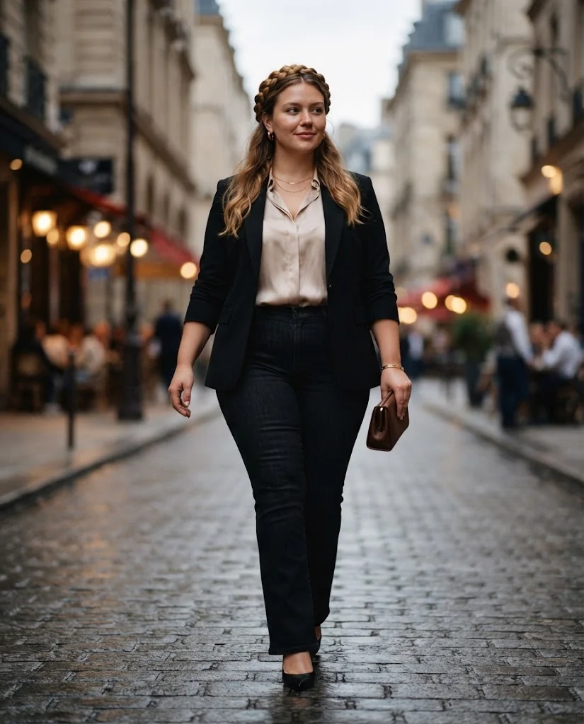 Champagne Blouse With Dark Bootcut Jeans Plus Size Date Night Outfit