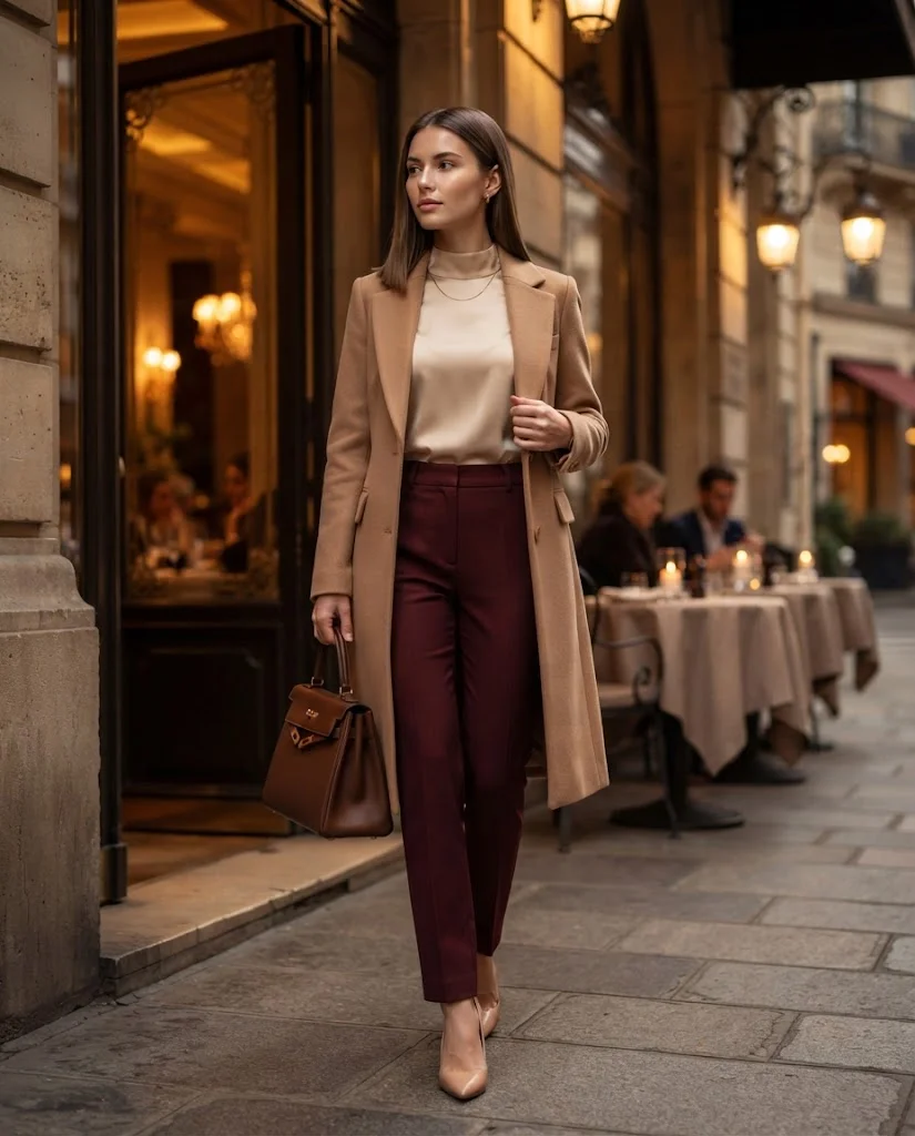 Champagne Blouse with Burgundy Trousers, an elegant old money fall date night outfit for women