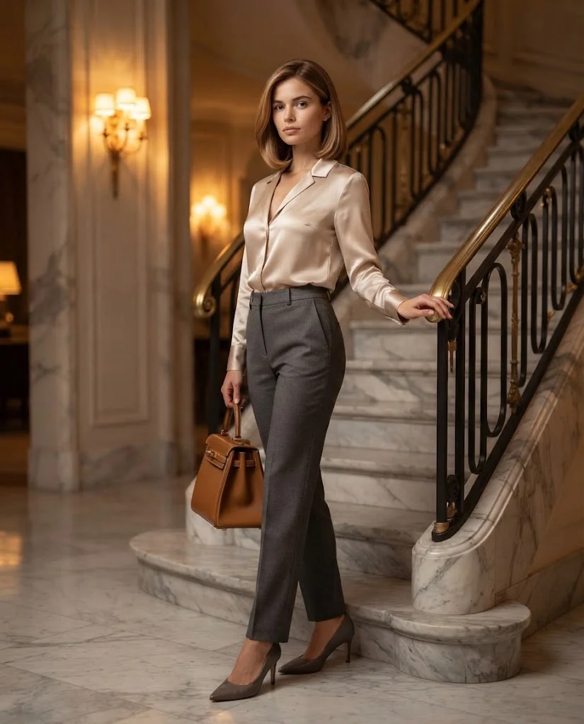 Old Money September Outfit Ideas for Women: 20+ Elegant Looks 19 Champagne Deep-Neckline Blouse with Charcoal Trousers, an elegant old money September outfit for women