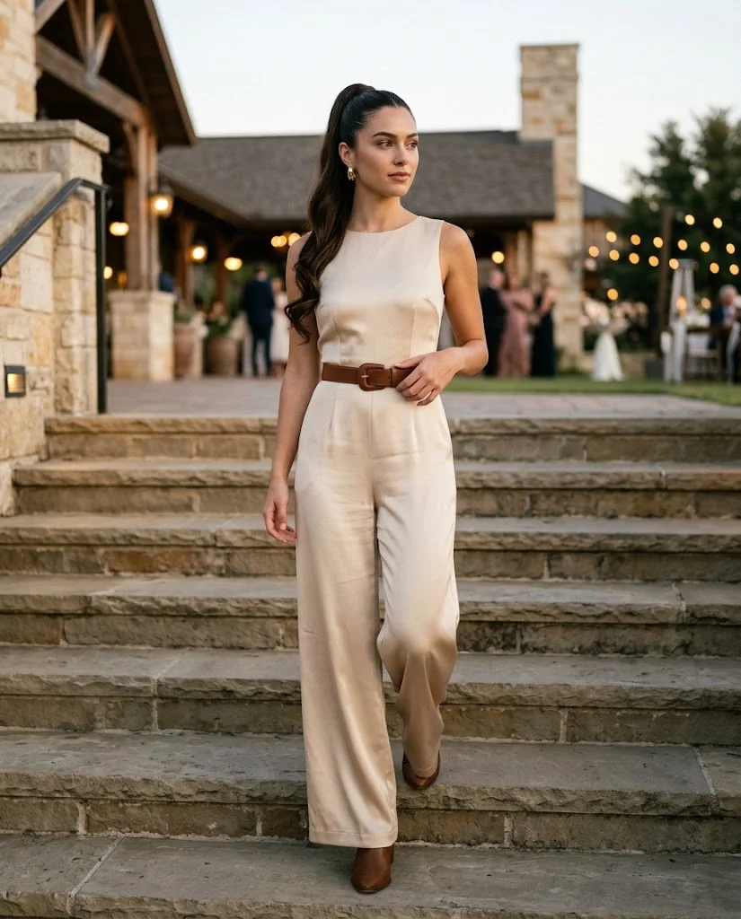 Champagne Jumpsuit with a Brown Statement Belt, a stylish western wedding guest outfit for women