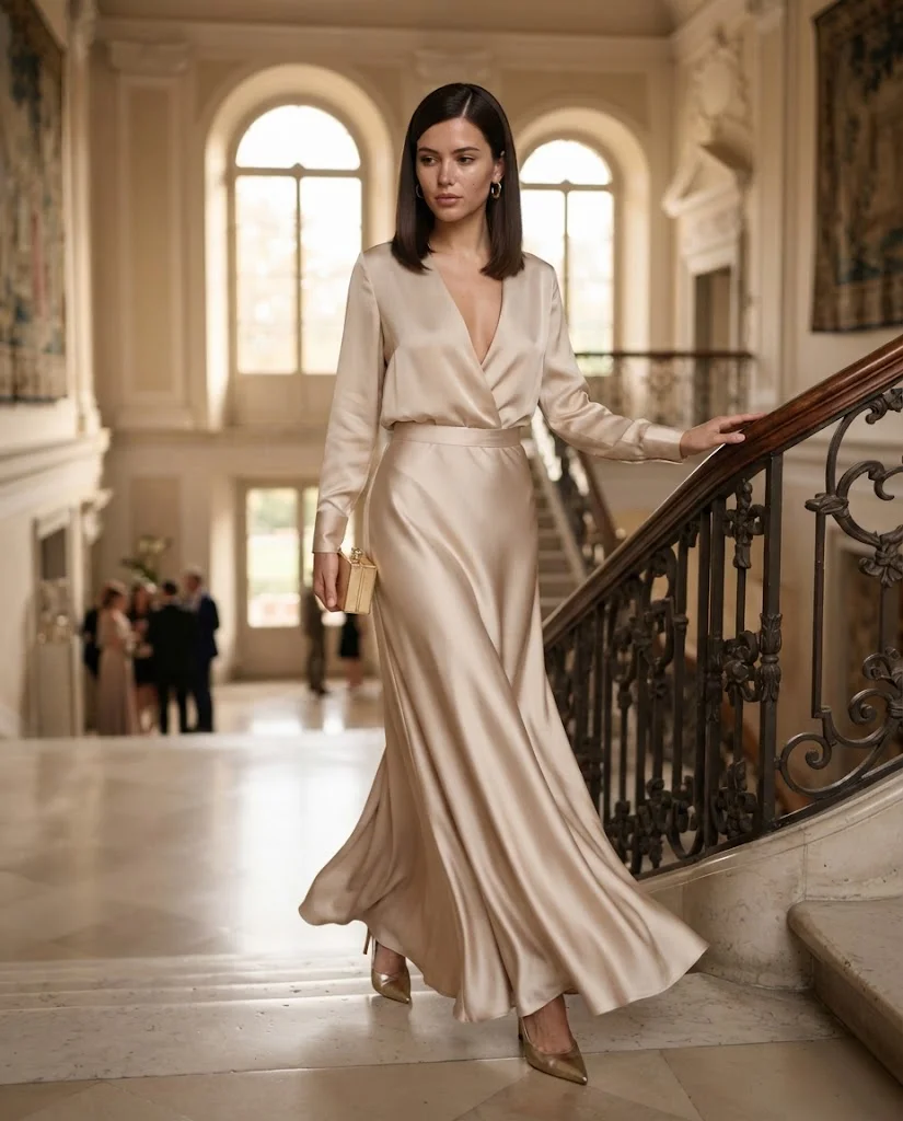 women wearing Champagne Maxi Skirt With a Deep V-Neck Blouse