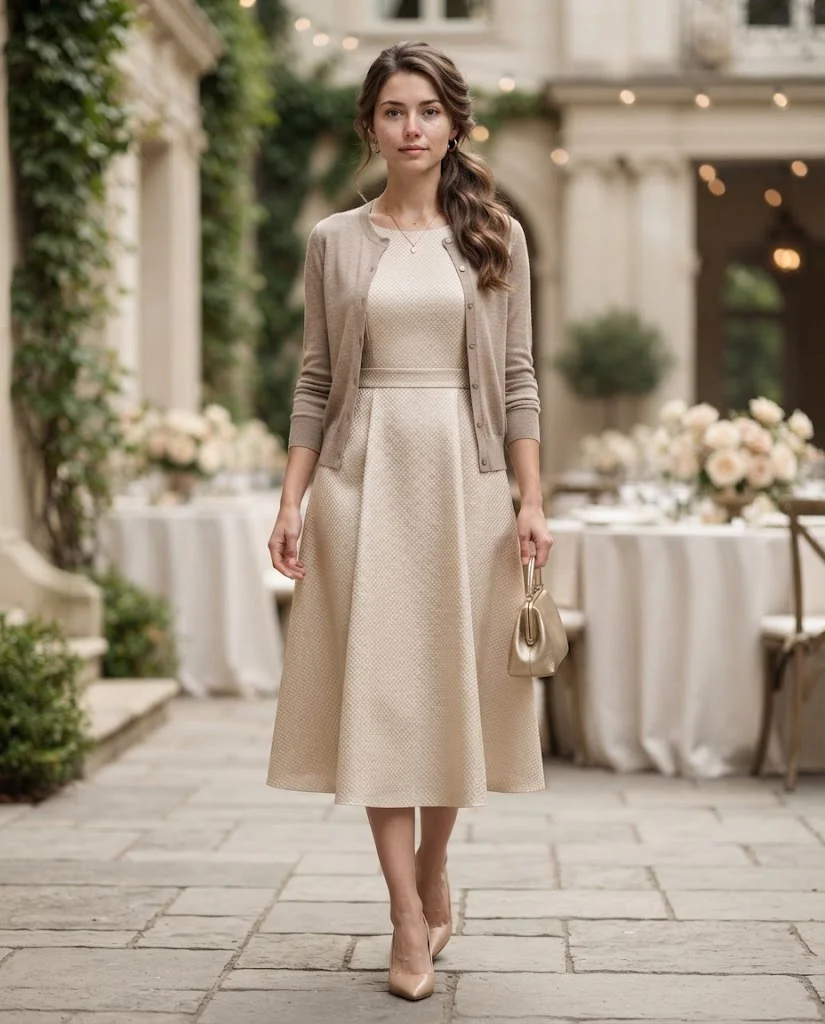 women wearing Champagne Midi Dress With a Lightweight Cardigan