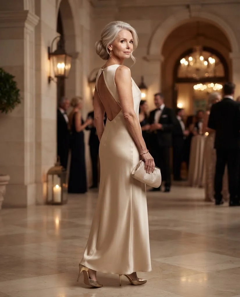 Chic Formal Wedding Guest Outfits for Women Over 50: 20+ Elegant Ideas 23 Champagne Open-Back Satin Dress with Metallic Heels, a formal wedding guest outfit for women over 50