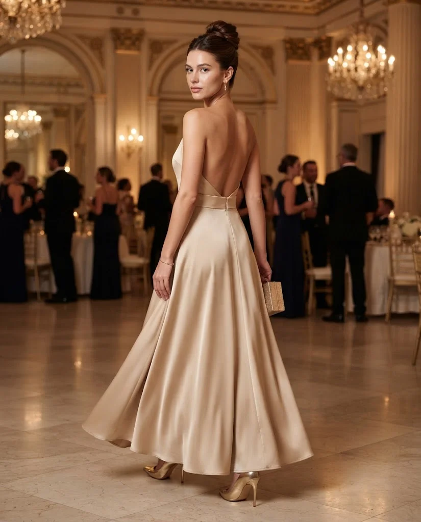 women wearing Champagne Open-Back Satin Dress