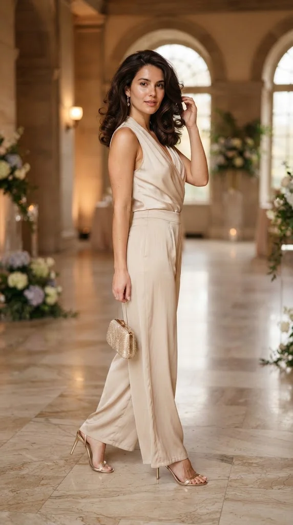 women wearing Champagne Palazzo Pants With a Plunging Blouse