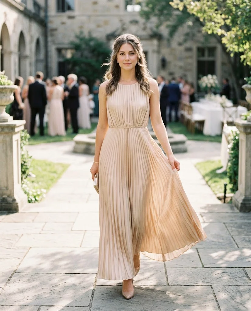 women wearing Champagne Pleated Maxi Dress