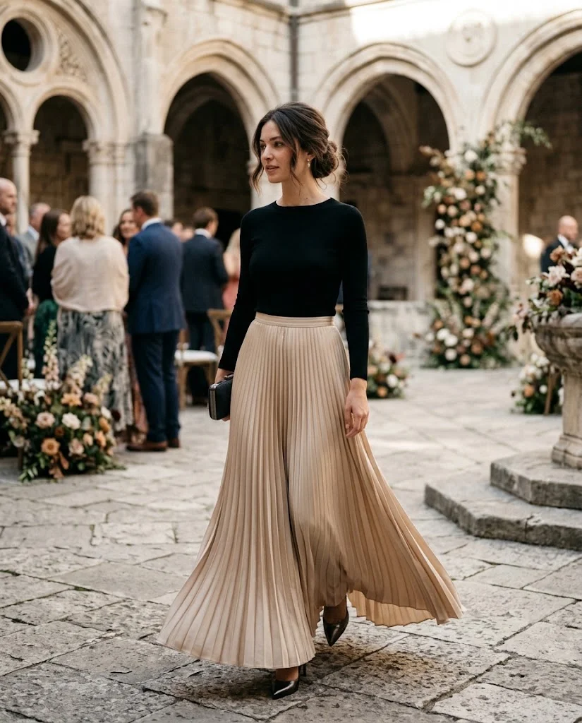 women wearing Champagne Pleated Maxi Skirt With a Black Top