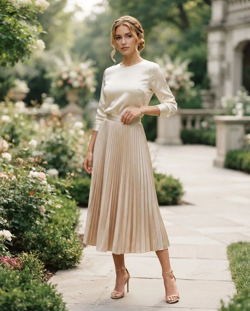 Champagne Pleated Midi Skirt with a Fitted Blouse, a stylish petite wedding guest outfit for women