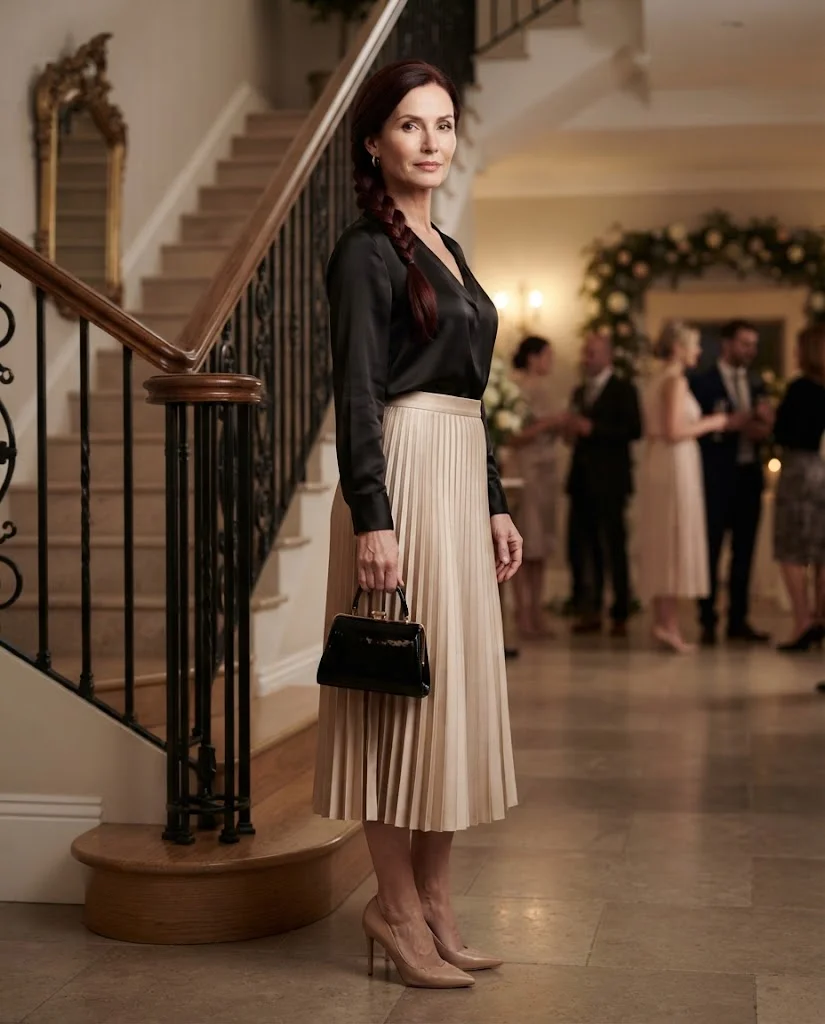Champagne Pleated Skirt with Black Satin Blouse, a semi-formal wedding guest outfit for women over 50