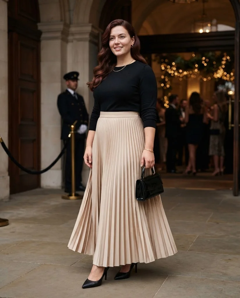 women wearing Champagne Pleated Skirt With a Black Top