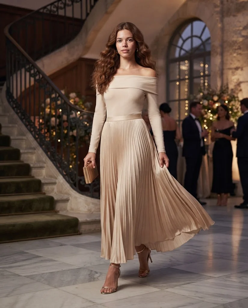 women wearing Champagne Pleated Skirt With a Fitted Off-Shoulder Top