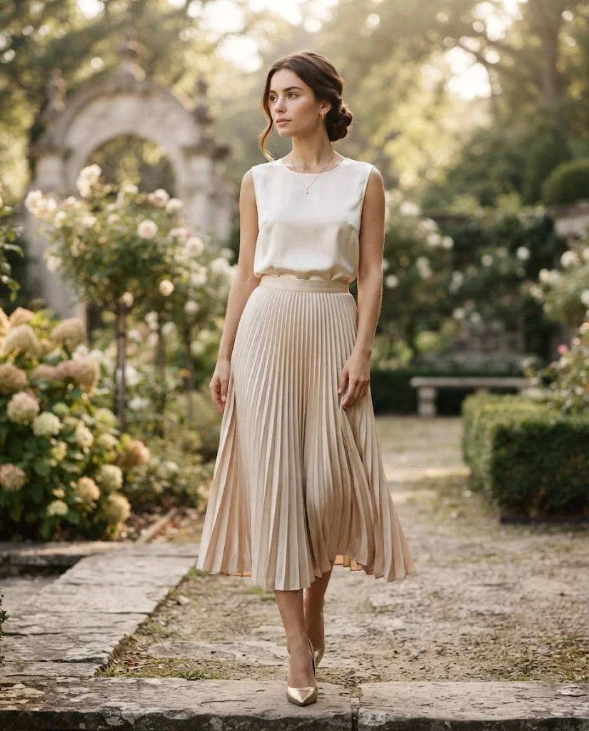 Champagne Pleated Skirt with an Ivory Satin Blouse, a classy and elegant wedding guest outfit for women