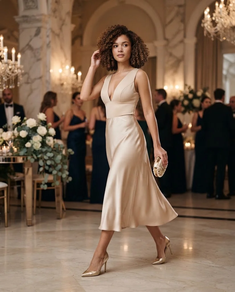 women wearing Champagne Satin Skirt With a Plunging Neckline Top