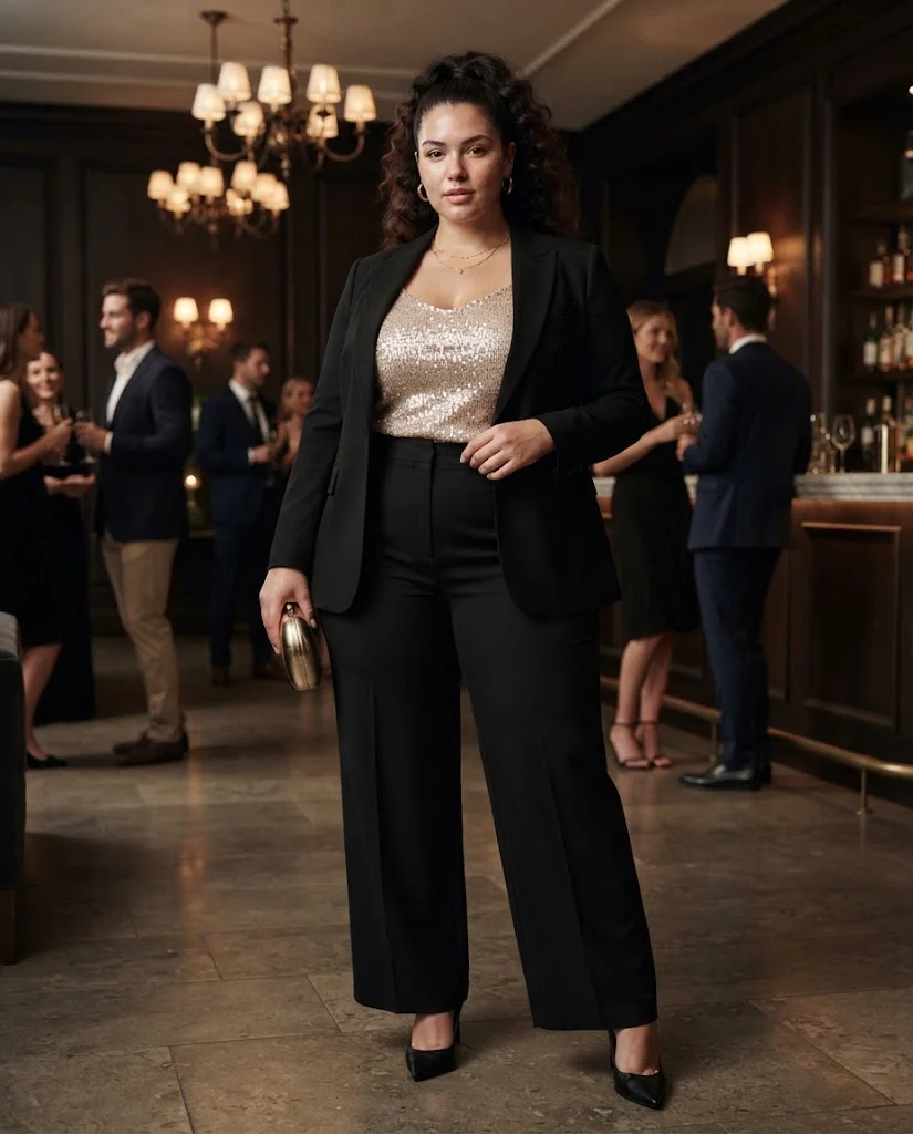 Champagne Sequin Top With Black Wide-Leg Trousers Plus Size Cocktail Party Outfit