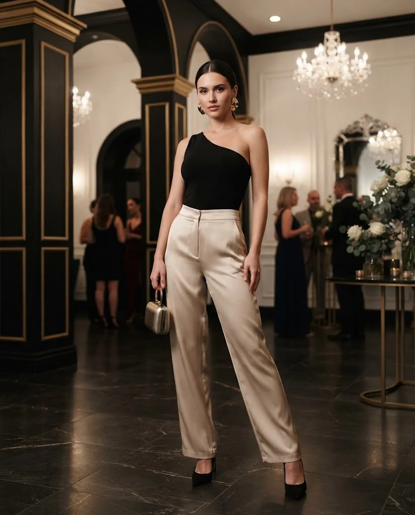 women wearing Champagne Trousers With a Black One-Shoulder Top