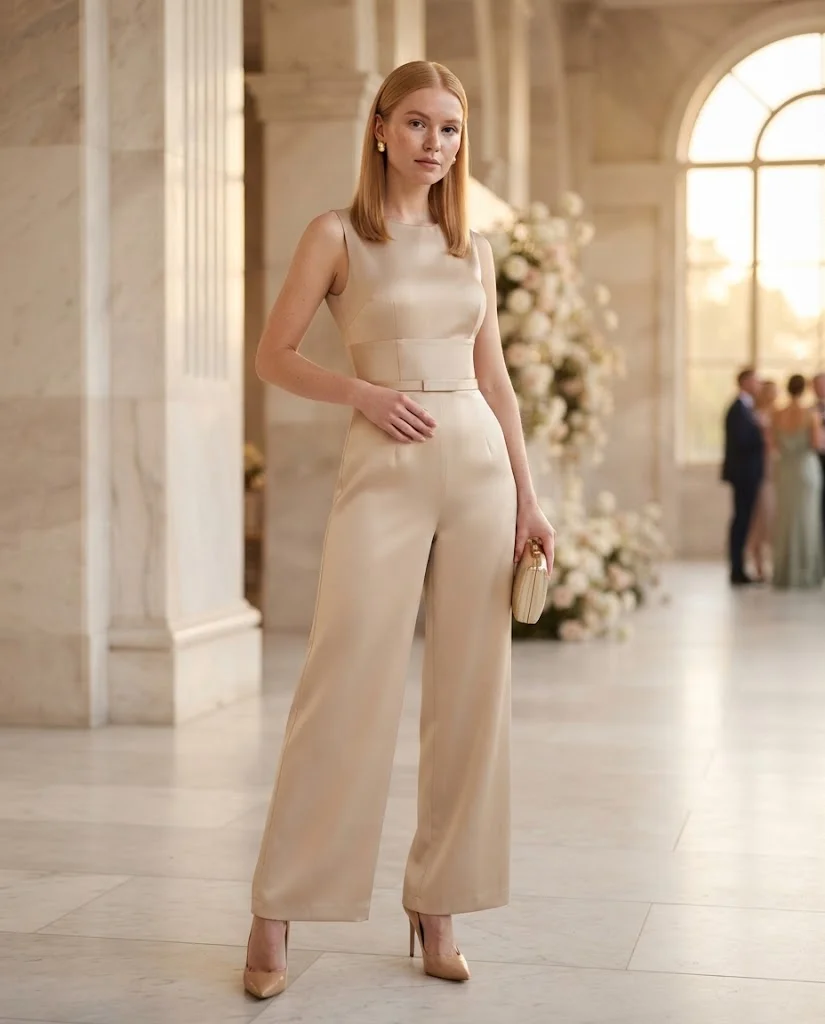Champagne Wide-Leg Jumpsuit with a Structured Belt, a stylish petite wedding guest outfit for women