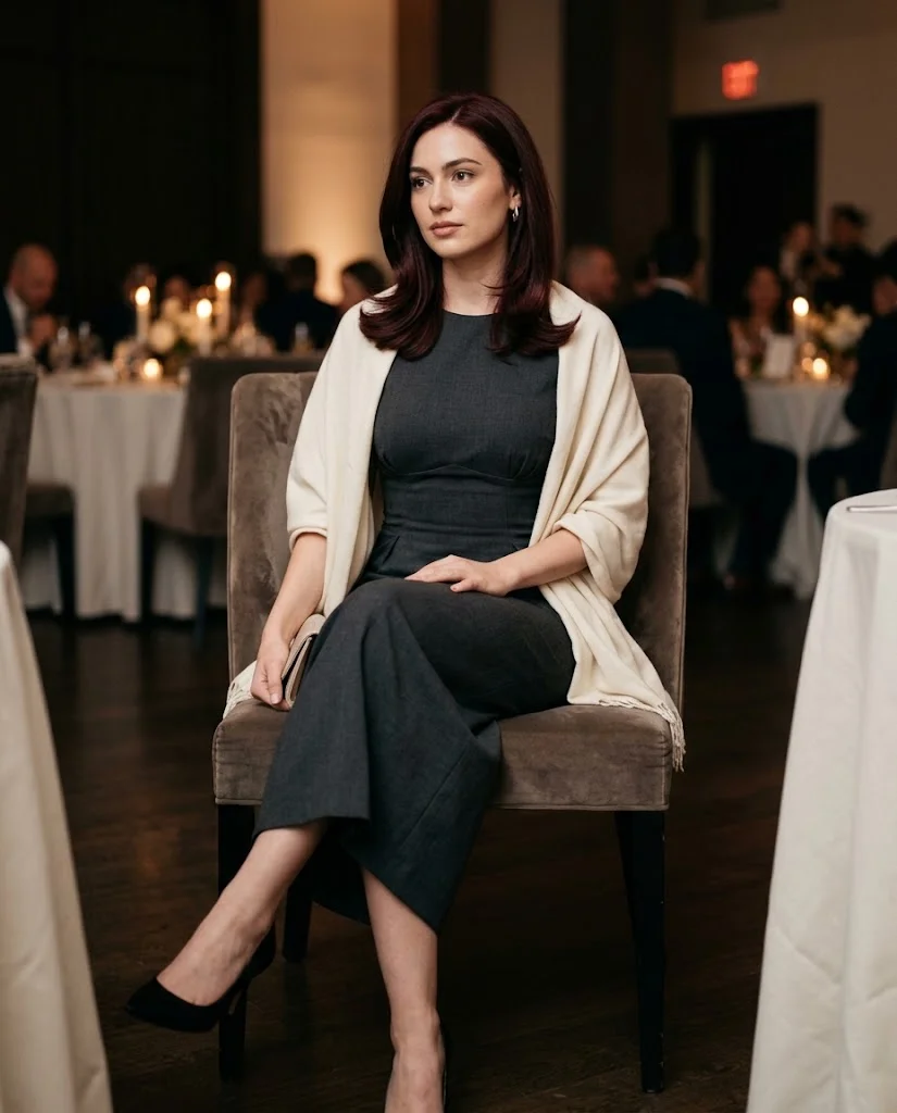 women wearing Charcoal Fitted Dress With a Soft Shawl