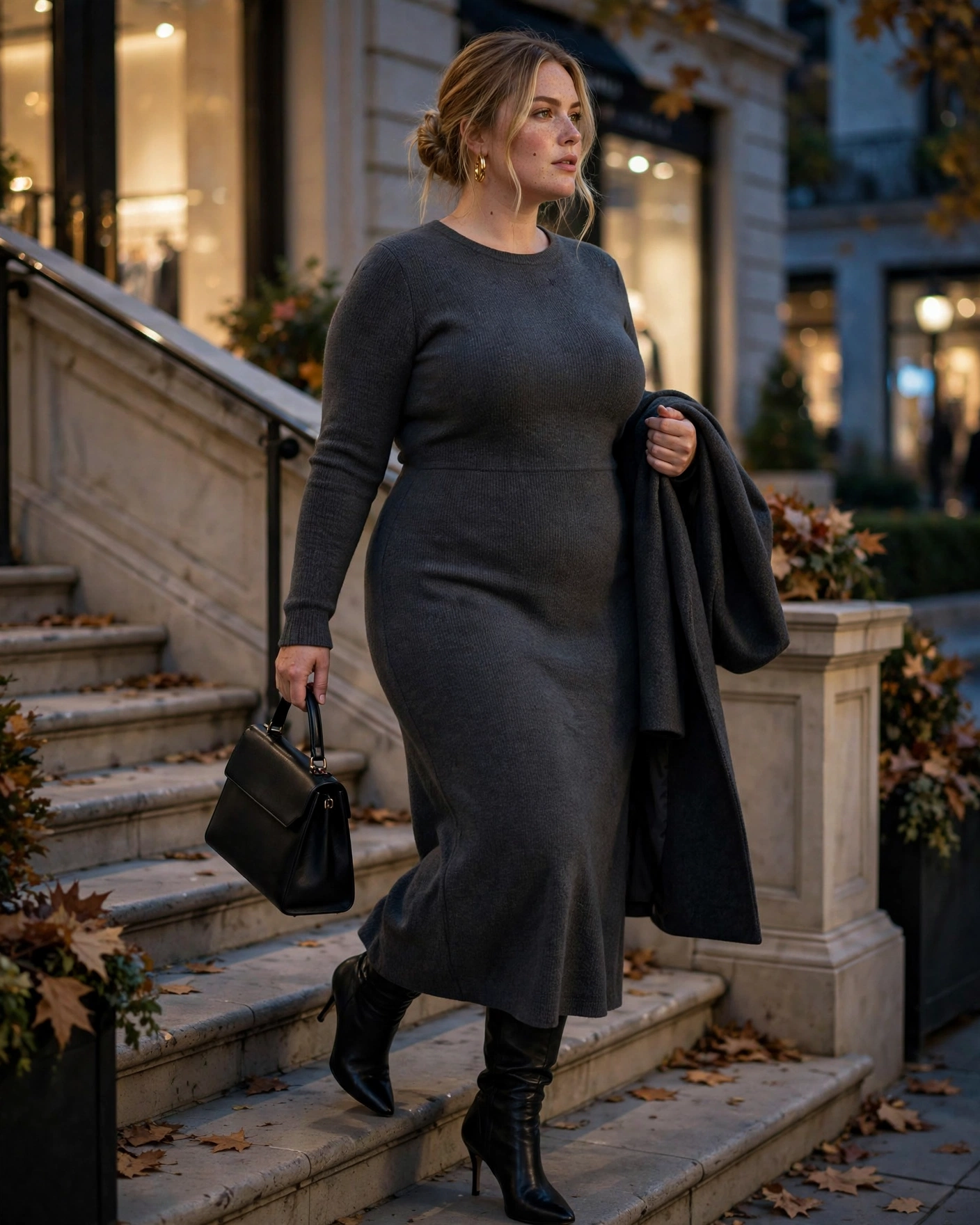 Charcoal Knit Dress With Heeled Knee-High Boots Plus Size Fall Night Out Outfit