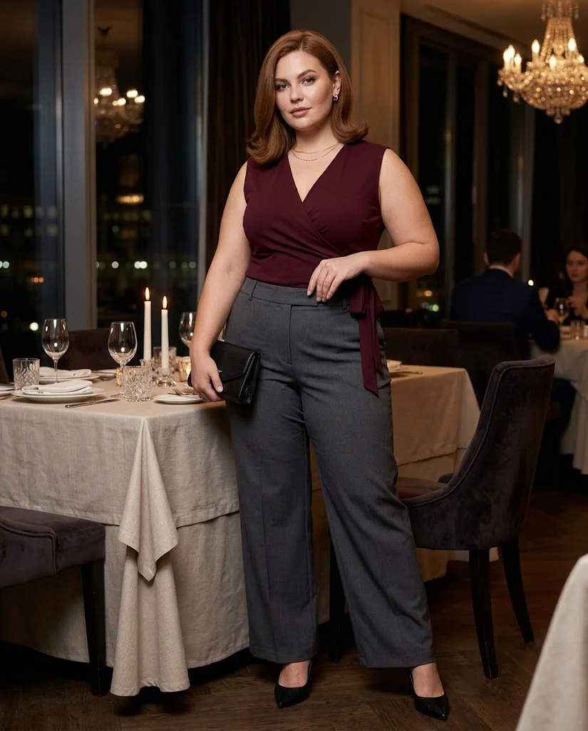 Plus Size Fall Dinner Outfits: 15 Chic Looks for Autumn Evenings 14 Charcoal Trousers With Burgundy Wrap Top Plus Size Fall Dinner Outfit