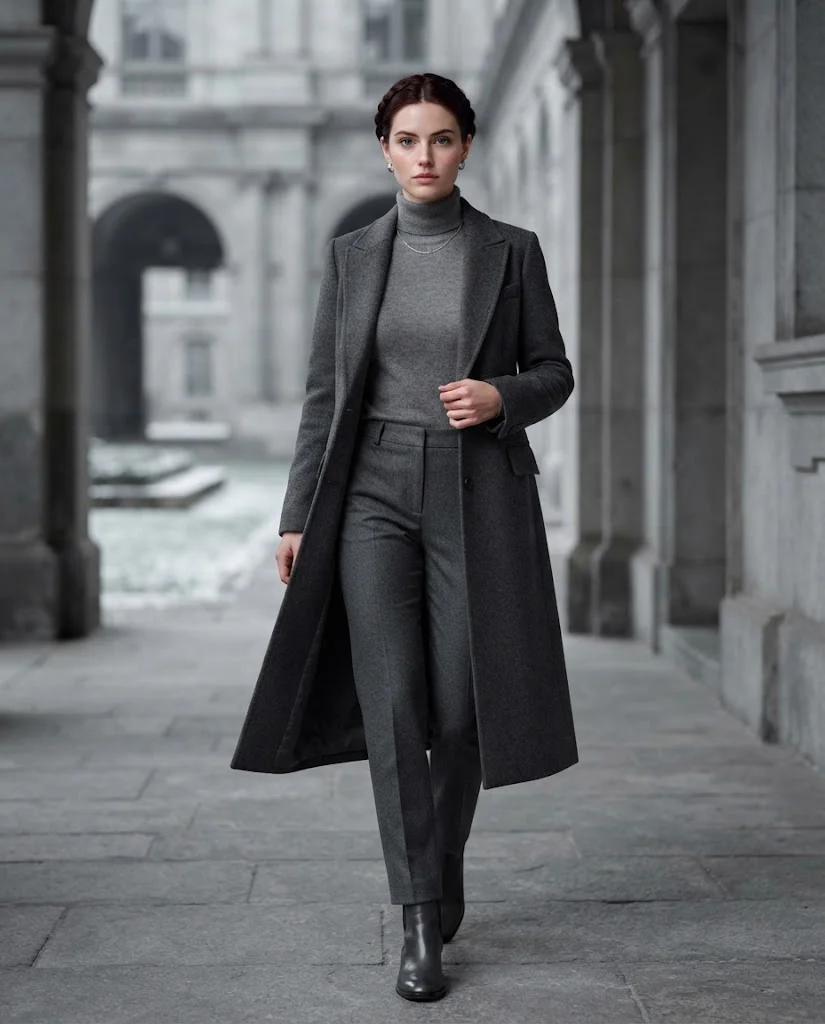 women wearing  Charcoal Wool Coat With a Monochrome Grey Outfit