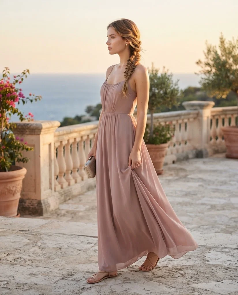 women wearing Chiffon Maxi Dress With Delicate Sandals