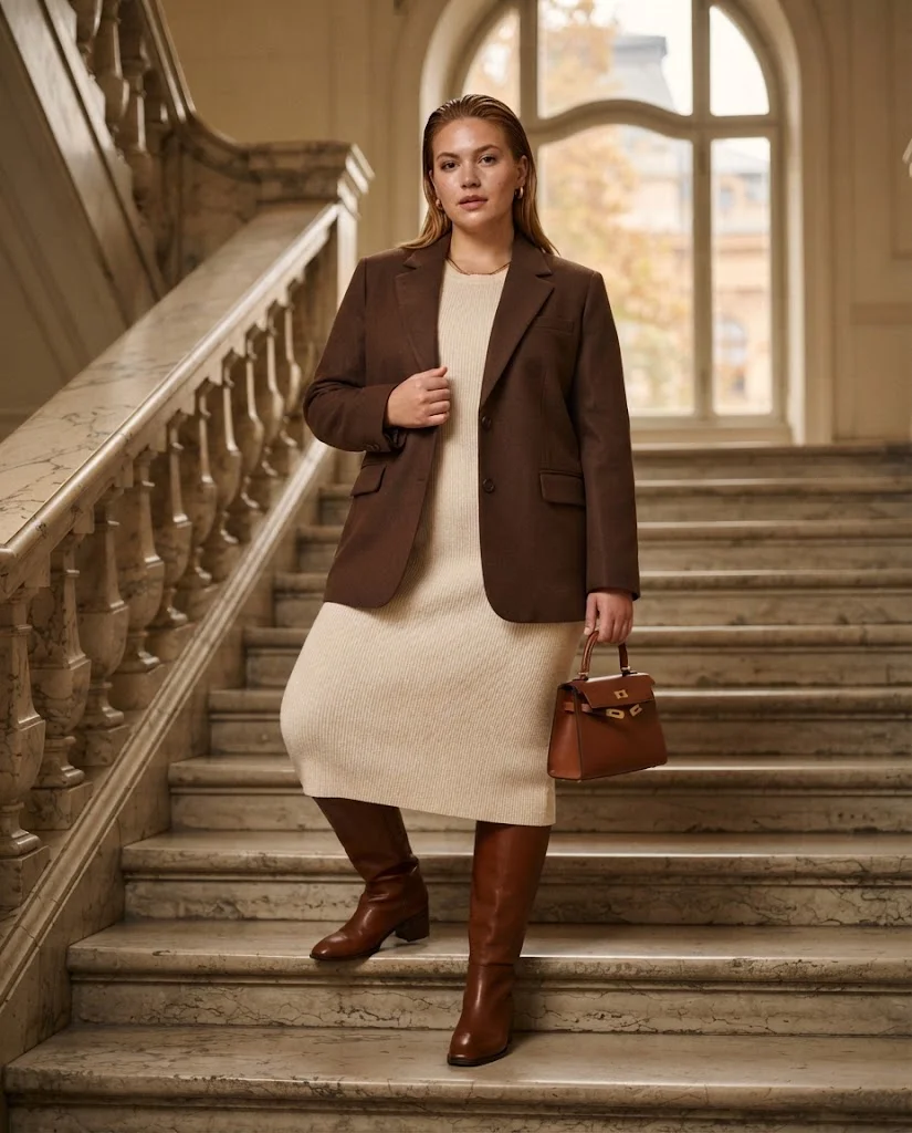 Plus Size Autumn Outfit Ideas for Women: 15 Chic Ideas 13 Chocolate Blazer With a Cream Ribbed Dress, a sophisticated plus size autumn outfit for women