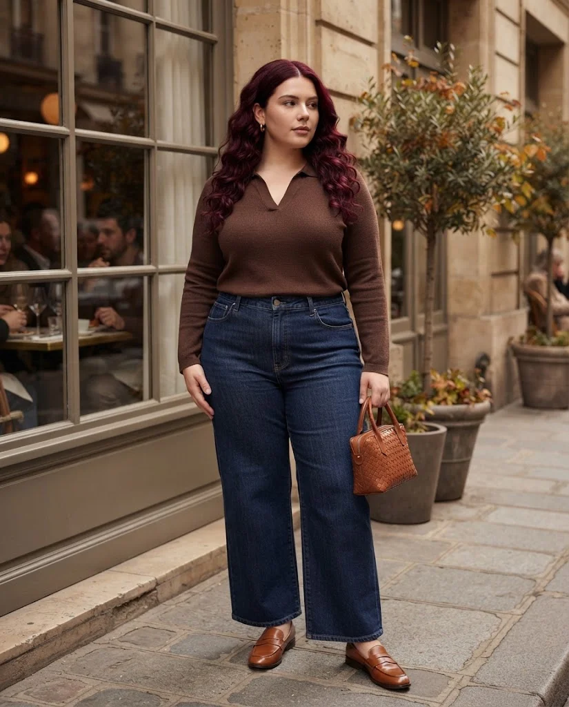 Plus Size Fall Brunch Outfits: Chic Looks for Crisp Autumn Days 10 Chocolate Brown Blouse With Wide-Leg Jeans Plus Size Fall Brunch Outfit
