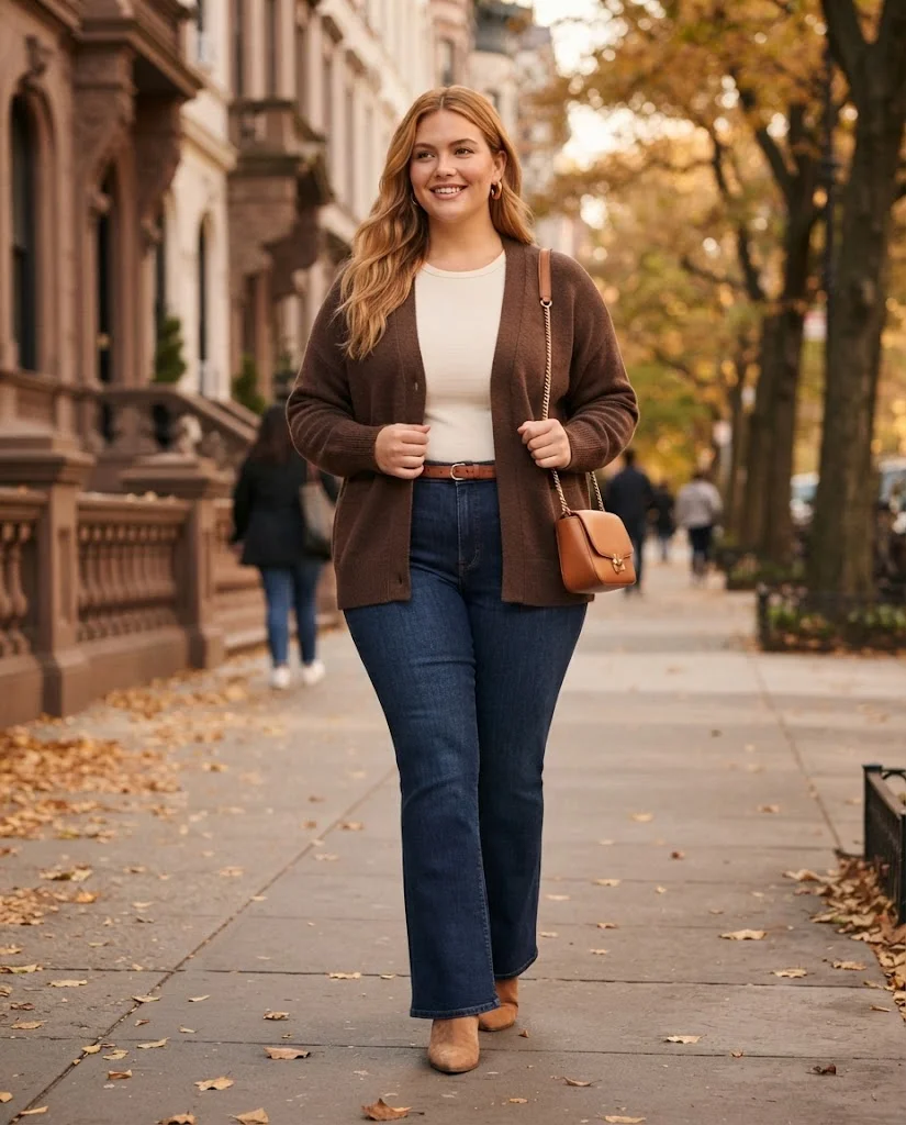 Plus Size Autumn Outfit Ideas for Women: 15 Chic Ideas 4 Chocolate Brown Cardigan With Flared Jeans, a relaxed plus size autumn outfit for women