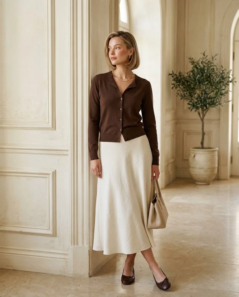 women wearing Chocolate Brown Cardigan With an Ivory Skirt