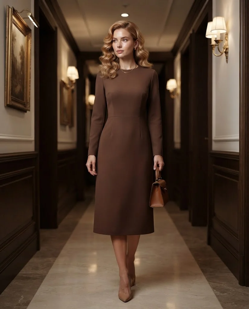 women wearing Chocolate Brown Dress With Simple Heels