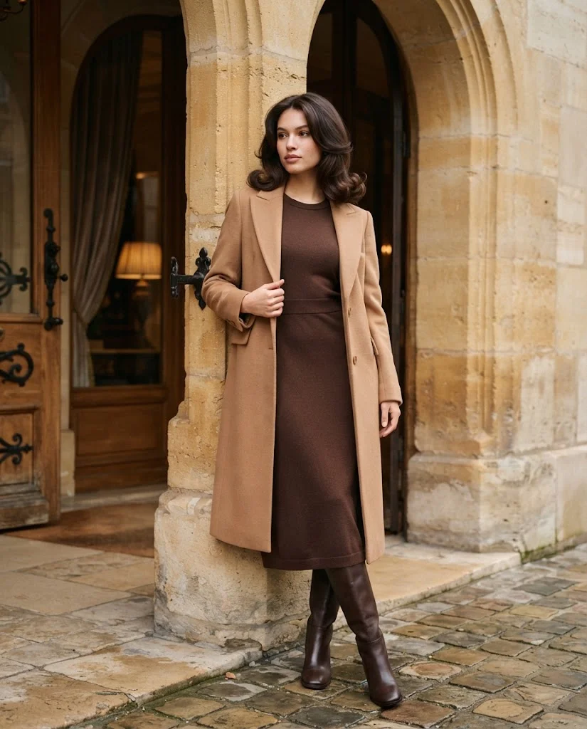 women wearing Chocolate Brown Knit Dress With Structured Coat