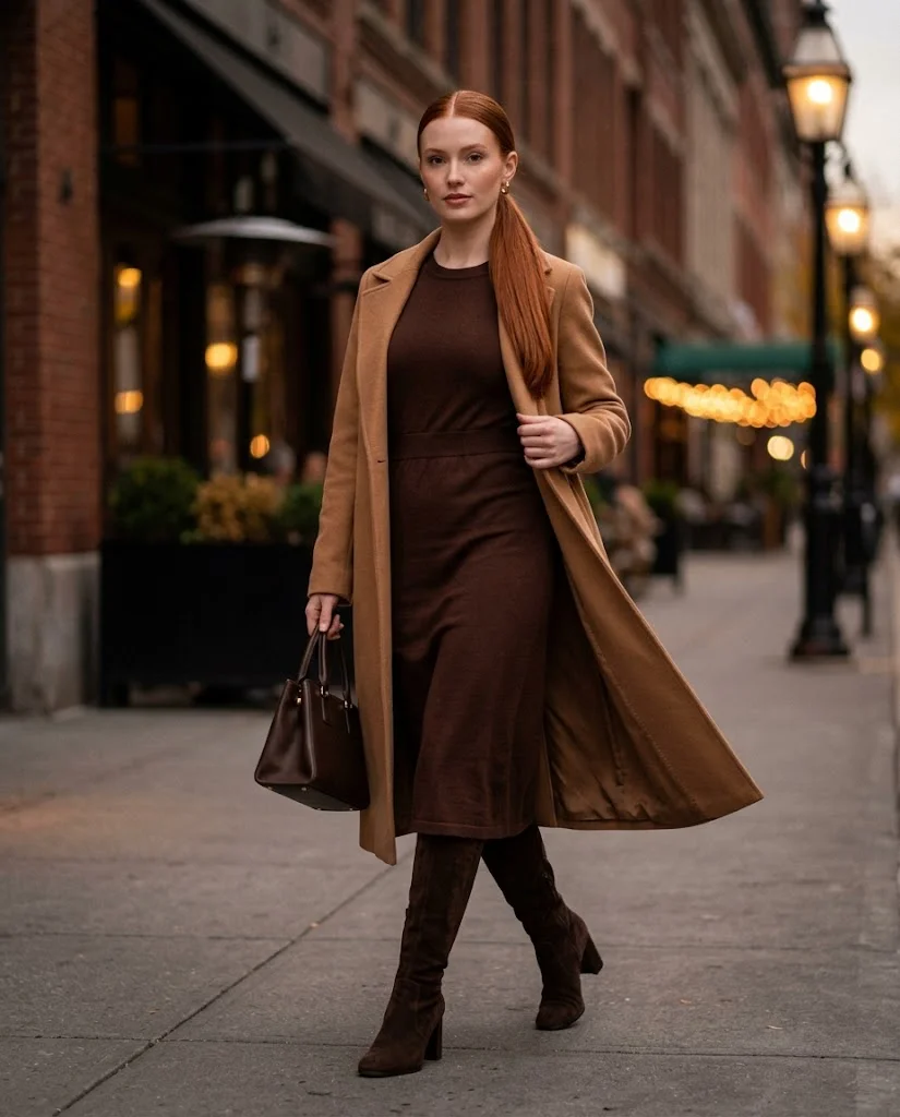 Chocolate Brown Knit Dress with Knee-High Boots, an elegant old money fall dinner outfit for women