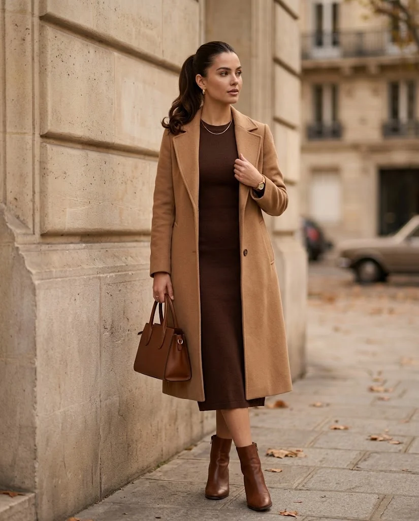 women wearing Chocolate Brown Knit Midi Dress With Ankle Boots