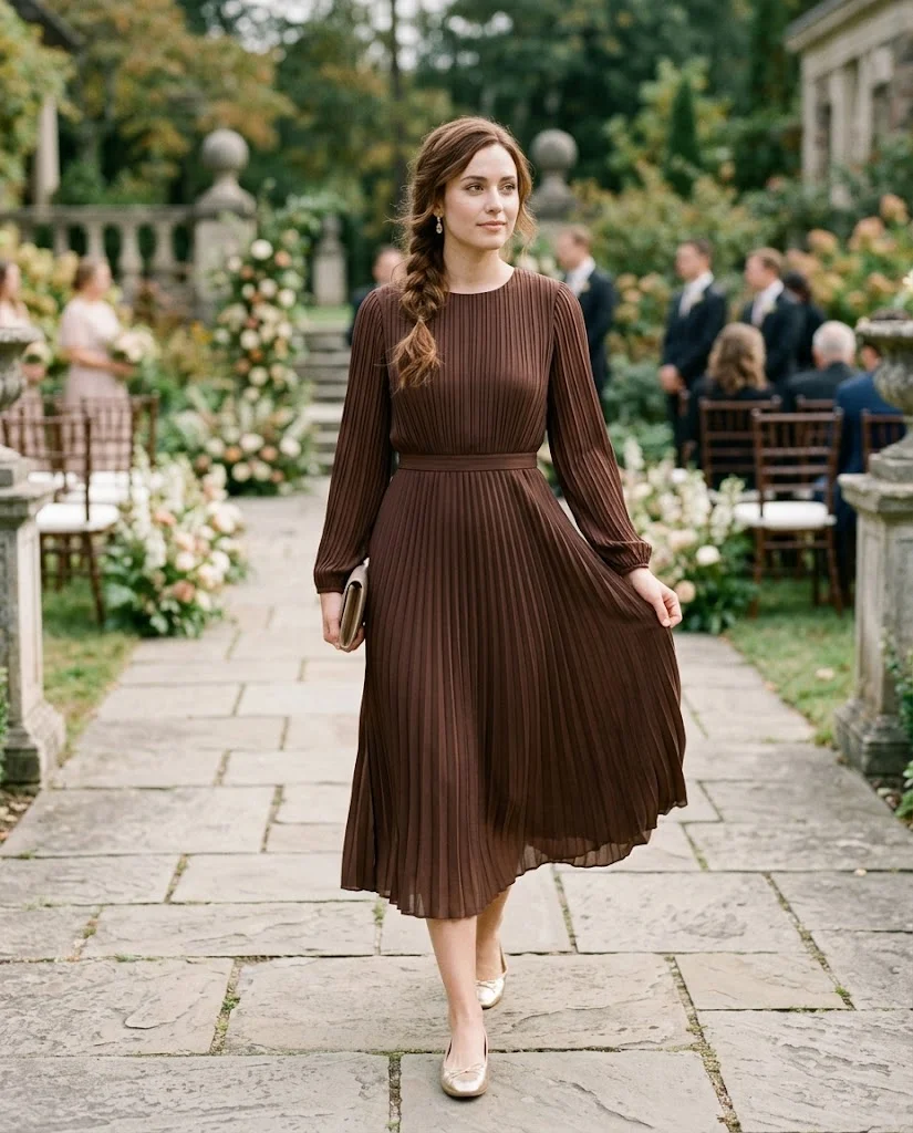 women wearing Chocolate Brown Pleated Dress With Gold Flats